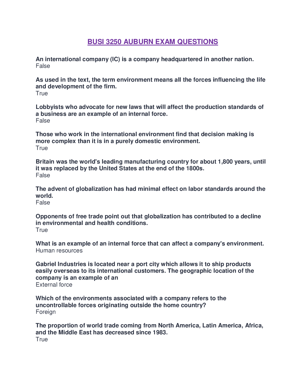 Preview image for BUSI 3250 TRUE/FALSE QUETIONS AUBURN EXAM 1 LATEST UPDATE WITH COMPLETE SOLUTION.